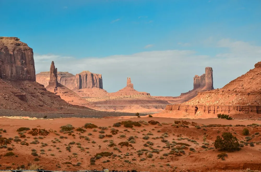 Red sandstone buttes in the expansive landscape of Monument Valley